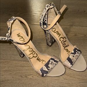 Sam Edelman Snakeskin Heeled Sandals - Beige and Black